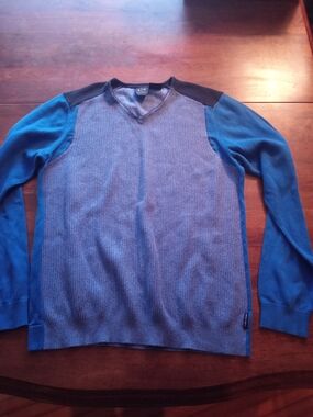 A/X Armani Exchange Blue and Black V-Neck Colorblock Sweater